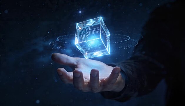 Sci fi hologram cube future technology glowing digital concept over open human hand dark background showing innovation wonder imagination virtual space data orbit magic atmosphere floating object