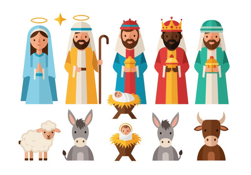 Flat vector nativity scene set featuring baby Jesus, Virgin Mary, Saint Joseph, the Three Wise Men, and animals like donkey, sheep, and ox isolated on white background