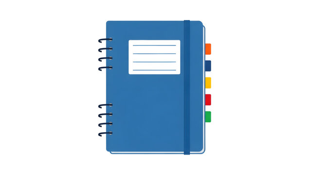 Blue ring binder notebook with colorful tabs and label