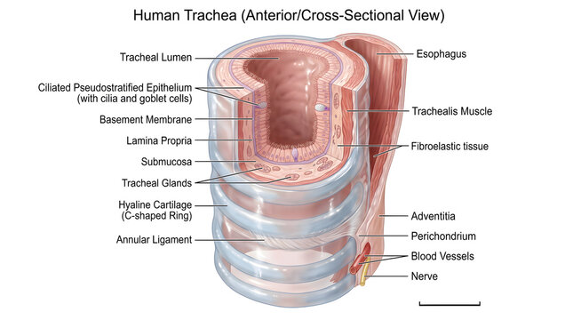 Human trachea anterior cross‑sectional anatomy showing tracheal lumen, pseudostratified ciliated epithelium, basement membrane, lamina propria, submucosa with glands, C‑shaped hyaline cartilage rings,