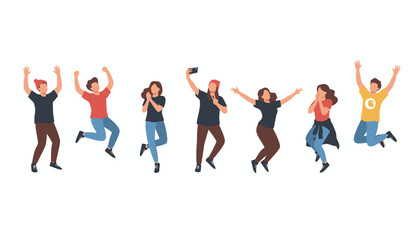 Fototapeta premium Diverse Group of Happy People Jumping and Cheering Vector Illustration Isolated on White Background for Social Media Marketing and Youth Lifestyle Web Design