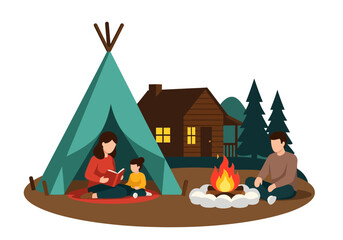 Cozy Family Camping Adventure Illustration with Mother Reading in Teepee and Father by Campfire © Bianca