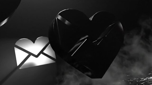 Abstract dark animated logo design featuring stylized envelope and heart shapes with reflective surface and misty background.