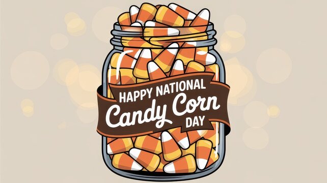 National Candy Corn Day graphic design featuring a jar of traditional striped candies on a decorative background