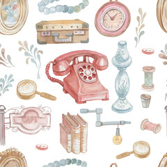 Detailed collection of hand drawn watercolor illustrations of vintage items. Set includes retro rotary phone, desk lamp, old suitcase, sewing threads, loupe, elegant picture frame, jewelry beads and b © Paint_art