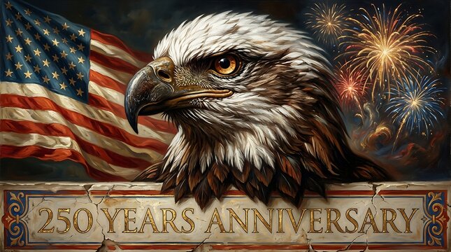 American bald eagle with usa flag and fireworks on 250 years anniversary