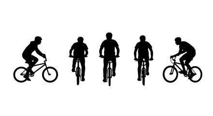 Fototapeta premium Bikers cycling set with different riding positions and postures featuring silhouette, black, white with background and outdoor elements for activity,