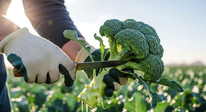 Farmer harvesting fresh broccoli in a lush green field with gardening tools
