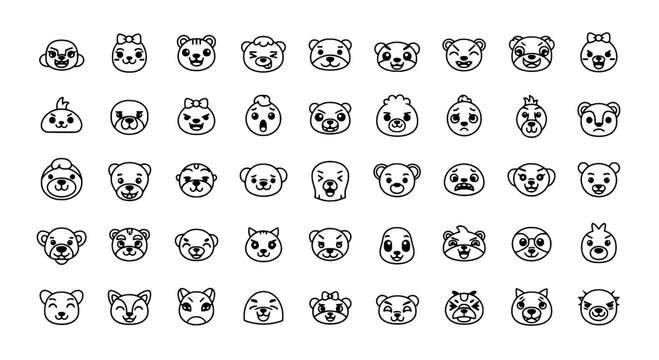 Bear face icon set with cute doodle outlines, playful expressions, vector style for kids stickers and pattern backgrounds