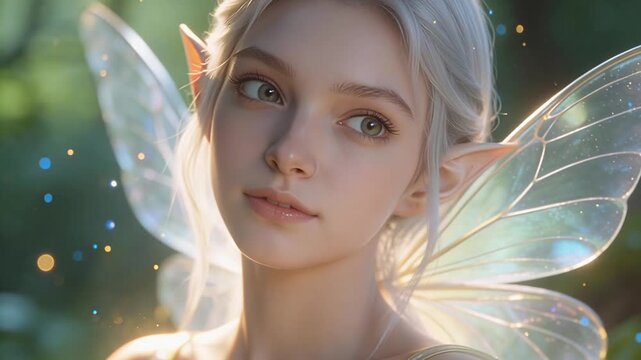 Enchanting Fairy with Translucent Wings in a Sunlit Forest.