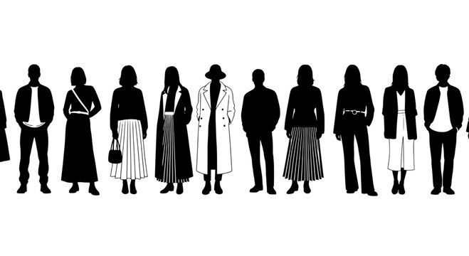 Person silhouettes fashion crowd icon lineup, diverse standing figures for editorial posters, social media, and design templates