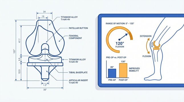 Medical illustration of a knee replacement implant blueprint and post-operative mobility data. Orthopedic surgery concept, prosthetic joint design, and patient recovery statistics.