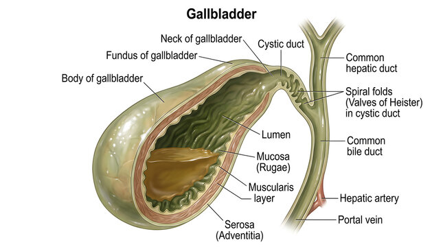 Cross‑sectional anatomy of the gallbladder showing fundus, body and neck with mucosal rugae, muscularis, serosa, cystic duct, spiral folds (valves of Heister), junction with common hepatic duct, commo