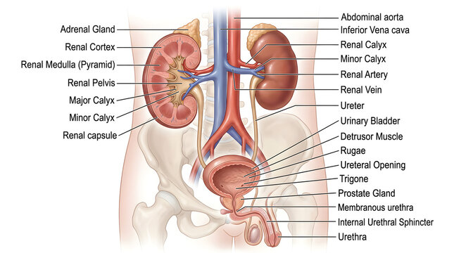 Anterior anatomical view of human urinary system showing kidneys with cortex, medulla and calyces, renal arteries and veins, ureters, urinary bladder, trigone, prostate region and urethra along with a