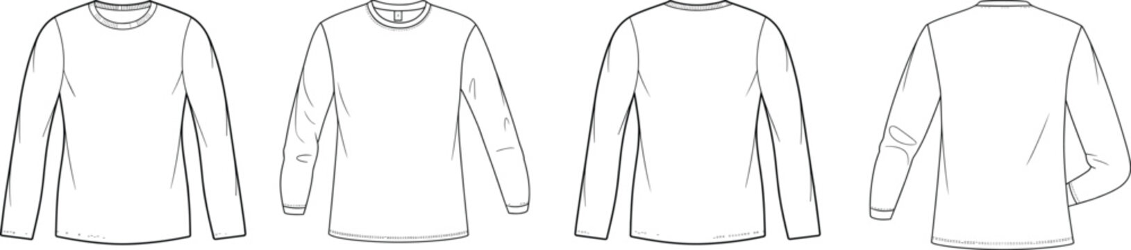 Classic men&rsquo;s long sleeve t-shirt technical drawing set, front and back views, clean outline apparel template &ndash; vector illustration