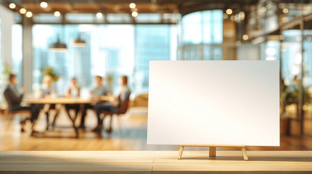 Blank Whiteboard In Focus With Modern Meeting Room, Blurred Team And Warm Office Bokeh Background