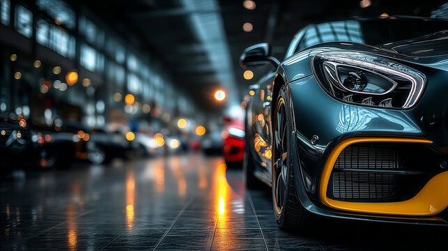 Modern Automotive Dealership Interior, New Car On Right And Soft Bokeh Background With Copy Space For Text