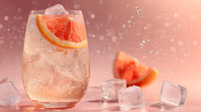 Refreshing Pink Grapefruit Sparkling Drink with Ice and Water Splash