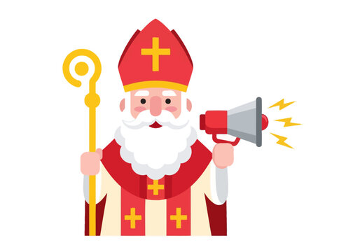 Flat Vector Illustration of Saint Nicholas or Sinterklaas Holding a Megaphone for an Announcement, Christmas and Dutch Holiday Concept Isolated on White Background