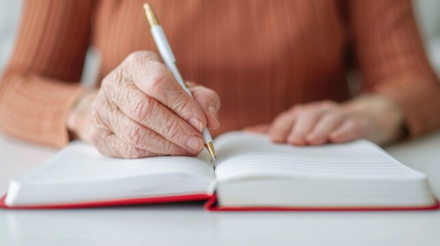 Detailed view of aged wrinkled hands holding a pen and writing in an open notebook with lined pages suggesting introspection personal journaling or recording thoughts and memories