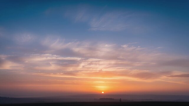sunrise over horizon orange sky blue clouds morning light