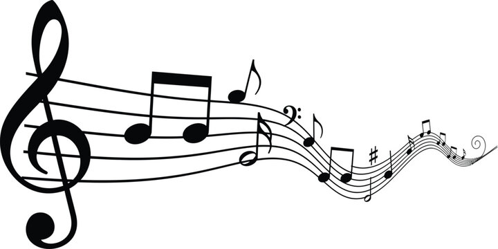Musical notes with treble clef on wavy staff lines.