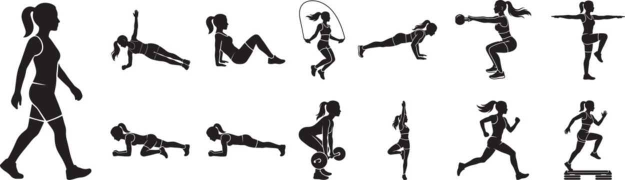 Female Workout Silhouettes for Fitness Training, Gym Exercise, and Bodyweight Cardio Vector EPS