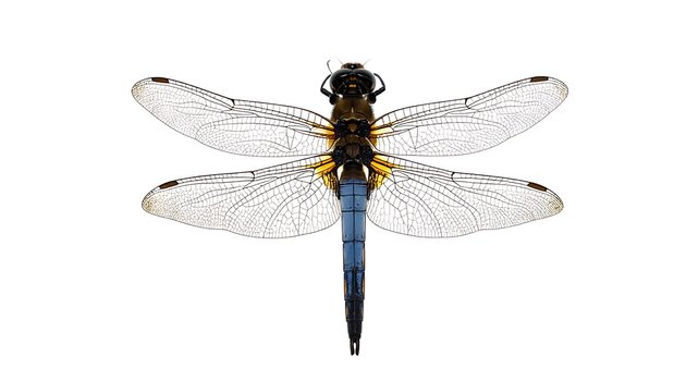 A dragonfly with blue body and transparent wings
