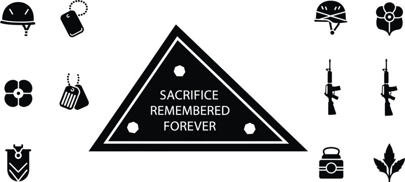 Black and white collection of military and tactical icons with a triangle