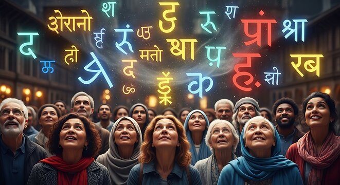 Diverse group of people looking up at glowing Hindi script letters in the night sky.