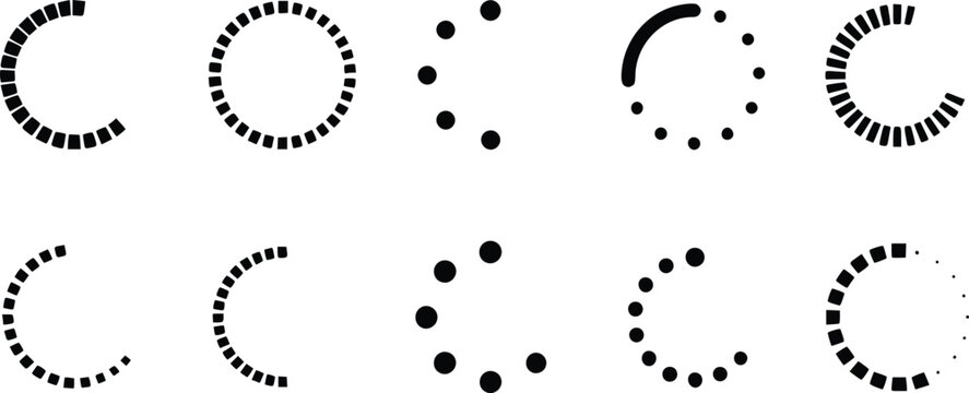 Set of ten black loading spinner circular progress indicators on white background