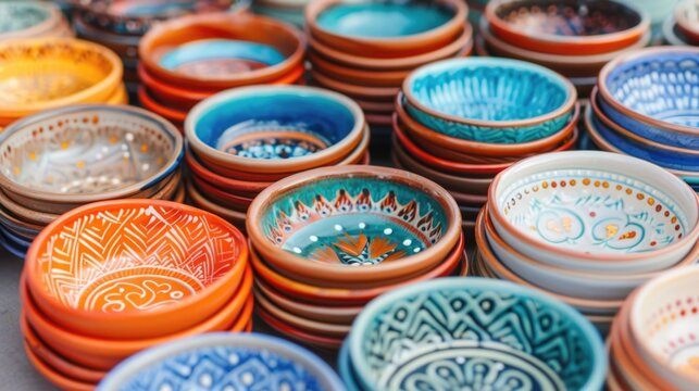 Close up view of numerous artisanal ceramic bowls in various bright colors and traditional patterns stacked artfully showcasing handmade craftsmanship at a market stall
