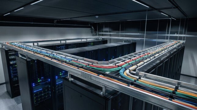 Wide-angle data center pictures showing overhead cable trays above server rows, color-coded wiring routes, suspended metal raceways and an orderly backbone layout for scalable digital operations.