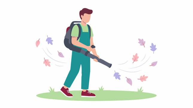 Gardener using a leaf blower to clear colorful fall leaves from the lawn