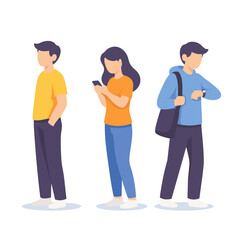 Fototapeta premium Diverse People Standing in Line, Waiting Patiently, Using Smartphones and Checking Watches