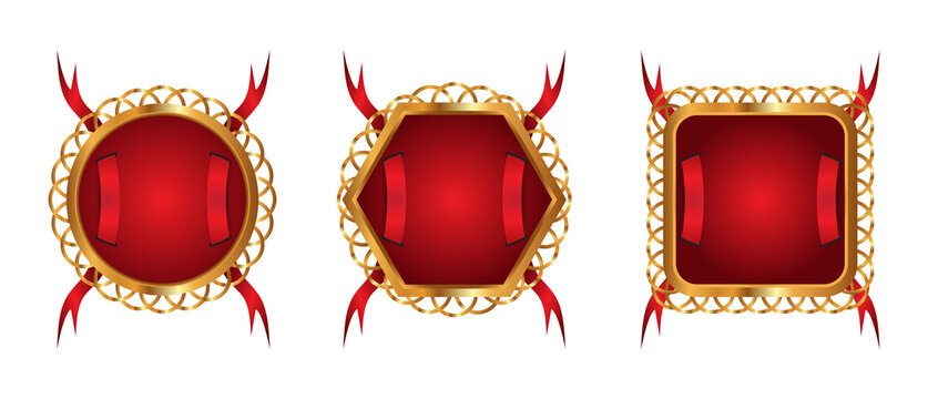 Luxury maroon gradient offer label set with golden border and ribbons in three shapes