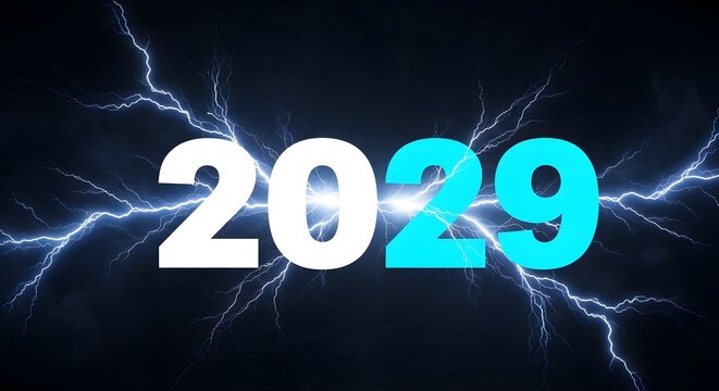 Bright cyan and white numbers 2029 amidst radiating electric blue lightning