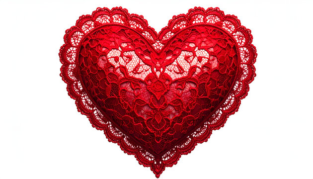 A vibrant red lace heart is prominently displayed against a clean white background.