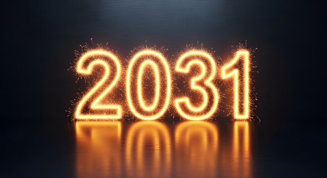Fiery orange 2031 numbers glowing with sparklers on a reflective dark surface