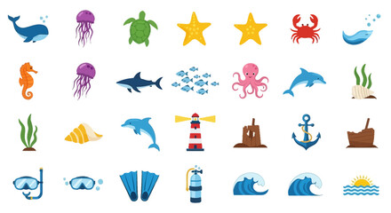 Collection of Colorful Ocean Icons and Symbols. © Doni