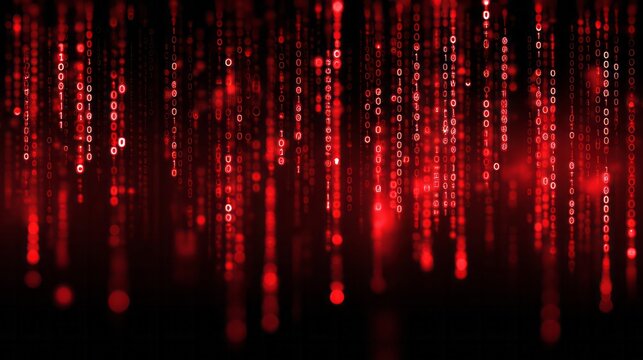 Digital rain of red binary code cascades down a dark background.