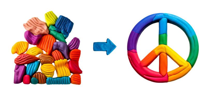 Peace Concept from Modeling Clay: Rainbow Playdoh Symbol with Arrow isolated on white background