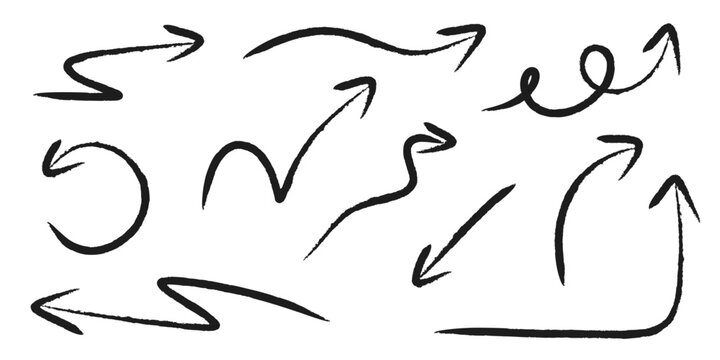 vector illustration: hand-drawn arrow collection in doodle style with black pencil texture in various direction arrow shapes isolated on white or transparent png