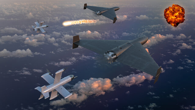 An interceptor drone during the interception of combat drones-Illustrative editorial	