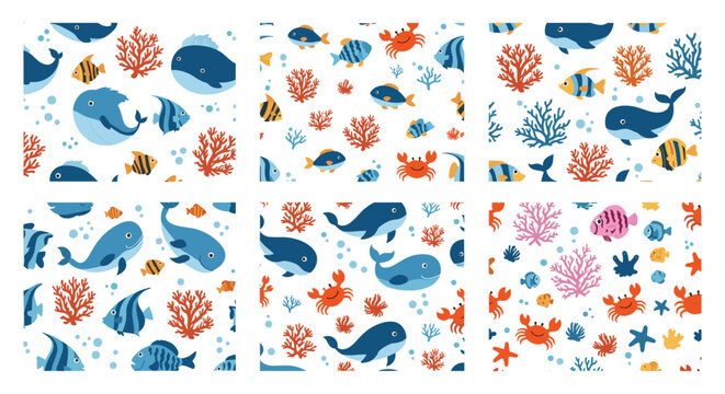 Set of six underwater themed seamless patterns featuring cute illustrations of whales colorful fish orange crabs and coral reefs.