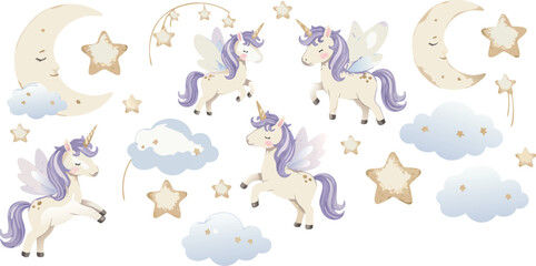 Fototapeta premium Whimsical unicorns and celestial elements in soft pastel colors on white background