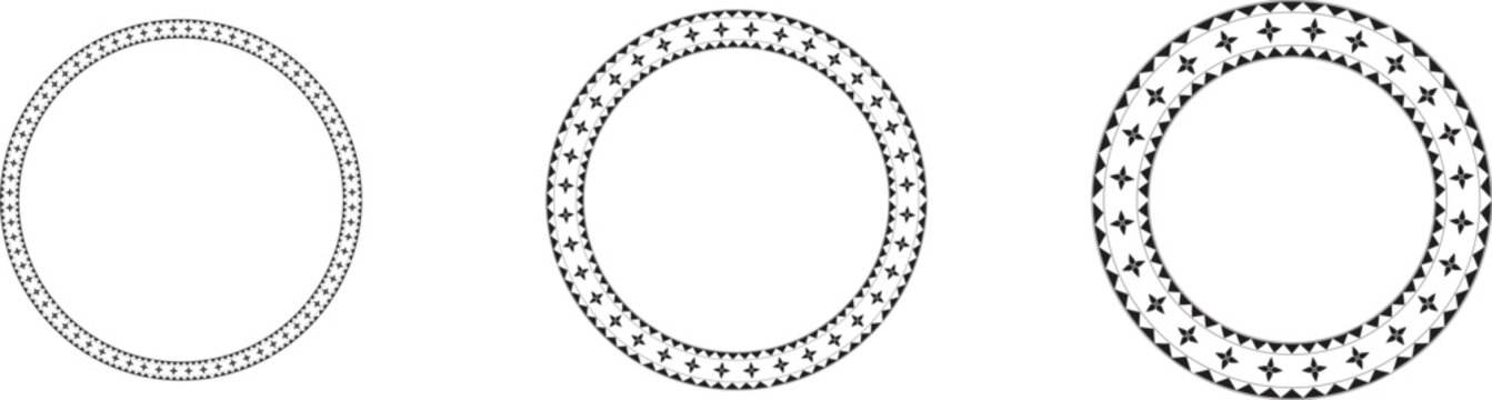 Black and White Ornamental Circular Border Set with Geometric Patterns.
Decorative Round Frames with Tribal Geometric Motifs Collection.
Monochrome Circular Borders with Ethnic Pattern Elements Set.