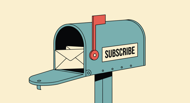 Vintage blue mailbox with its flag down containing several envelopes and a prominent subscribe label on its side.