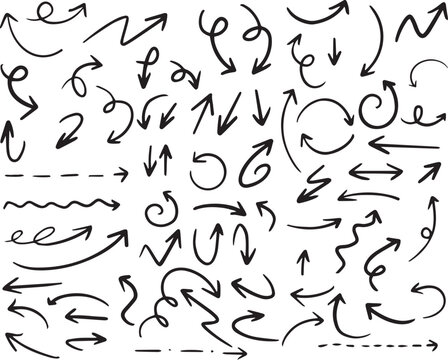 Set of hand drawn doodle arrows. Vector illustration of black sketchy arrow signs, pointers, and curves for design elements and infographics.