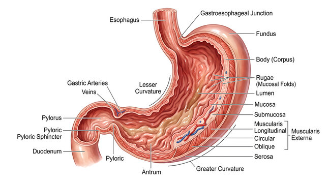 Cross‑sectional anatomy of the human stomach showing fundus, body and antrum with rugae, mucosa, submucosa, muscularis externa layers (oblique, circular, longitudinal), serosa, gastric arteries and ve